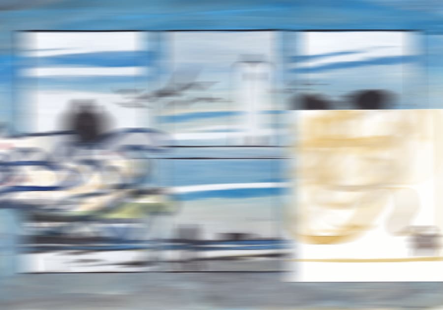 Abstrakte Linien und Formen dominieren das unscharfe Bild in Blau und Gelb Graphic Novel Artwork