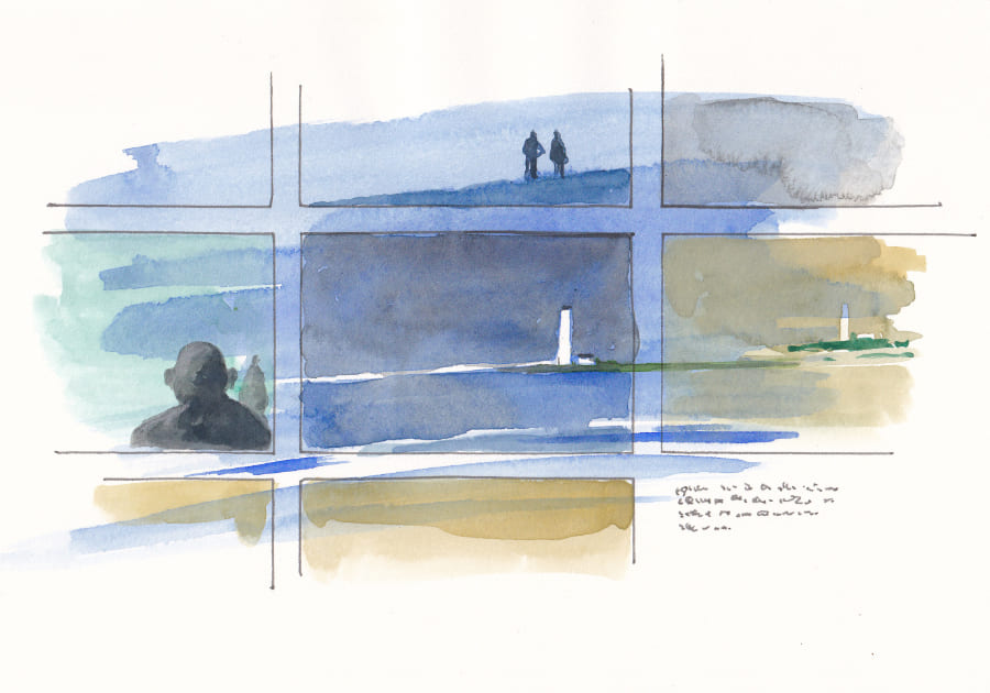 Sequenzen verschiedener Ansichten einer Küstenlandschaft mit Leuchttürmen und schemenhaften Figuren Graphic Novel Artwork