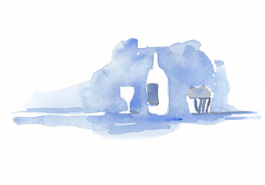 Aquarellzeichnung zeigt stilisierte Objekte in Blautönen, darunter eine Flasche, ein Glas und eine Art Gebäck. Der Hintergrund ist in diffusen Blautönen gehalten Graphic Novel Artwork