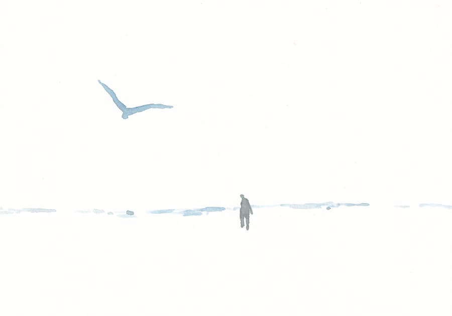 Aquarell Mann am Meer - Möwe am Himmel - in der blendenden Sonne Graphic Novel Artwork