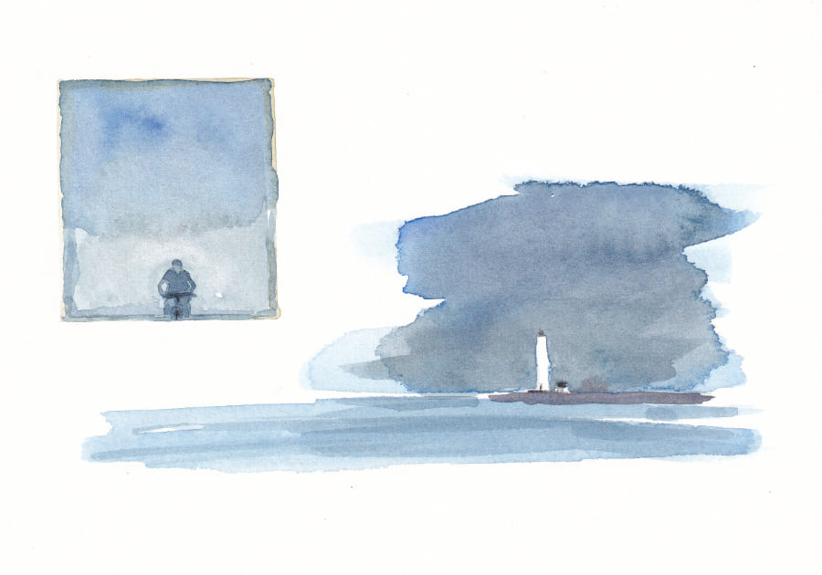 Sequenz mit Radfahrer und  eine mit Leuchtturm - Aquarell - Graphic Novel Artwork