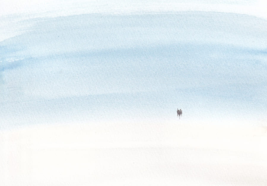 Das Aquarell zeigt zwei winzige menschliche Figuren, die im unteren rechten Teil einer weiten, hellblauen und weissen Landschaft stehen. Graphic Novel Artwork