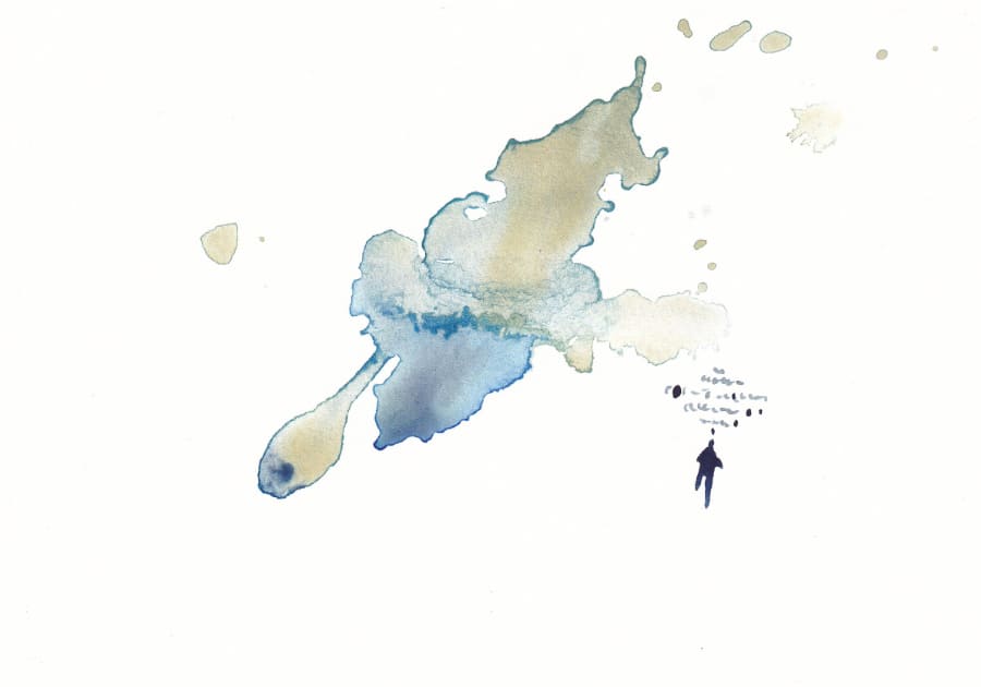Aquarell Ein Aquarellsplatter in Blau- und Brauntönen dominiert das Bild, begleitet von einer kleinen Figur und handschriftlichem Text. Graphic Novel Artwork