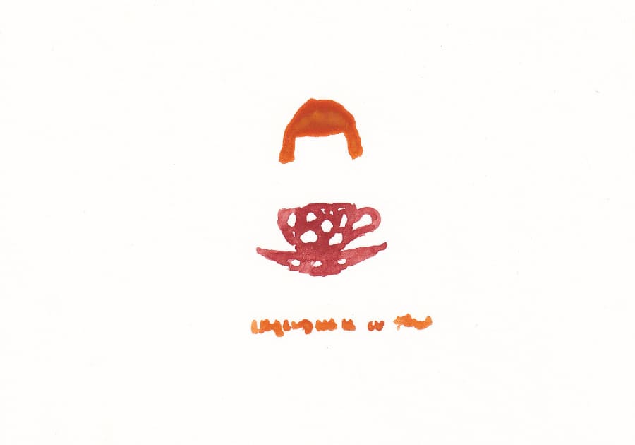 Eine orangefarbene Haarsträhne über einer roten Teetasse mit Untertasse. Darunter befindet sich eine Reihe von orangefarbenen Schriftzeichen - Graphic Novel Artwork