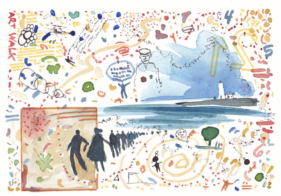 Das Bild zeigt eine bunte, abstrakte Darstellung einer Veranstaltung namens -Art Walk-. Es sind Menschen, eine Landschaft mit Leuchtturm und viele bunte Formen zu sehen - Graphic Novel Artwork