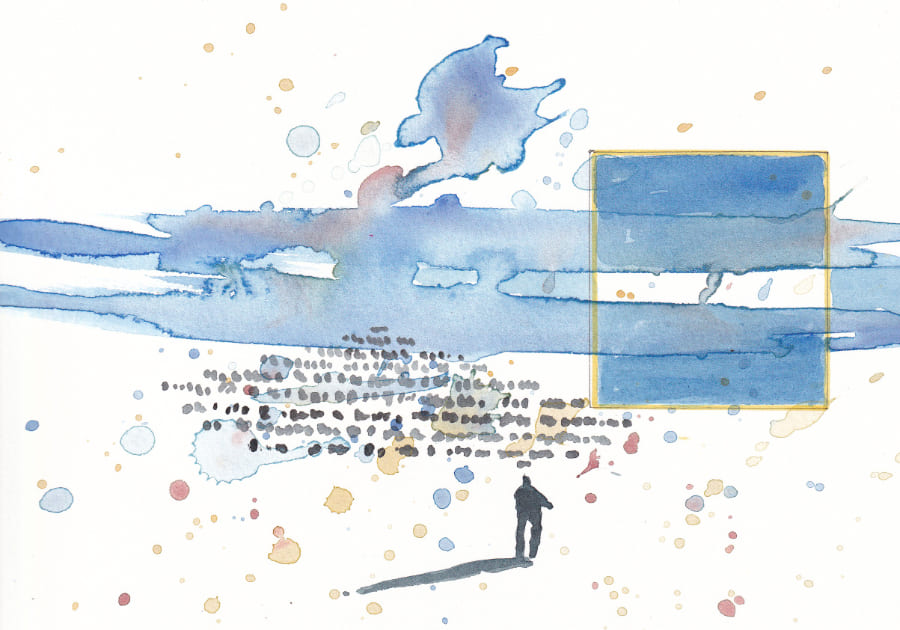 Neu hier Das Bild zeigt eine abstrakte Komposition mit blauen Aquarellflecken und einem gelben Rechteck. Eine dunkle Silhouette einer Person steht im Vordergrund und wirft einen langen Schatten. Mehrere Tupfer und Punkte in verschiedenen Farben sind über das Bild verstreu. Graphic Novel Artwork