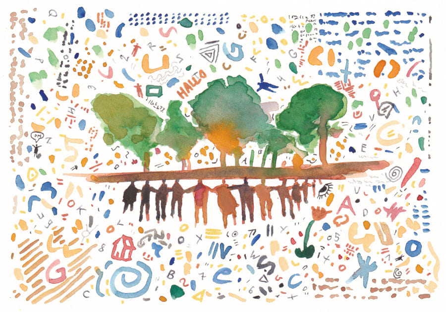 Hand in Hand Menschen stehen zusammen und halten Hände unter einem Baumdach, umgeben von bunten Formen und Buchstaben. Die Komposition wirkt wie eine Darstellung von Gemeinschaft und Verbundenheit im Kontrast zu einer chaotischen Welt. Graphic Novel Artwork