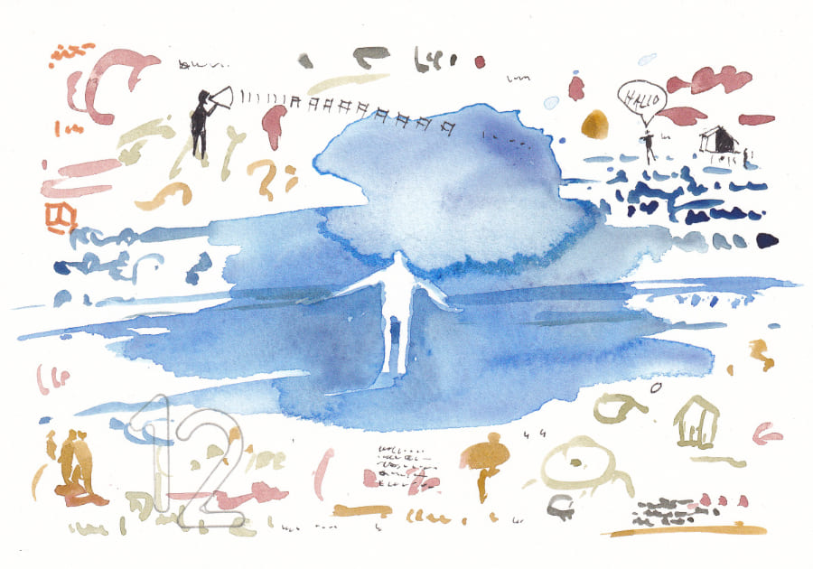 Aquarell Eine abstrakte Aquarellszene zeigt eine weisse Figur inmitten blauer Wasserflächen. Graphic Novel Artwork